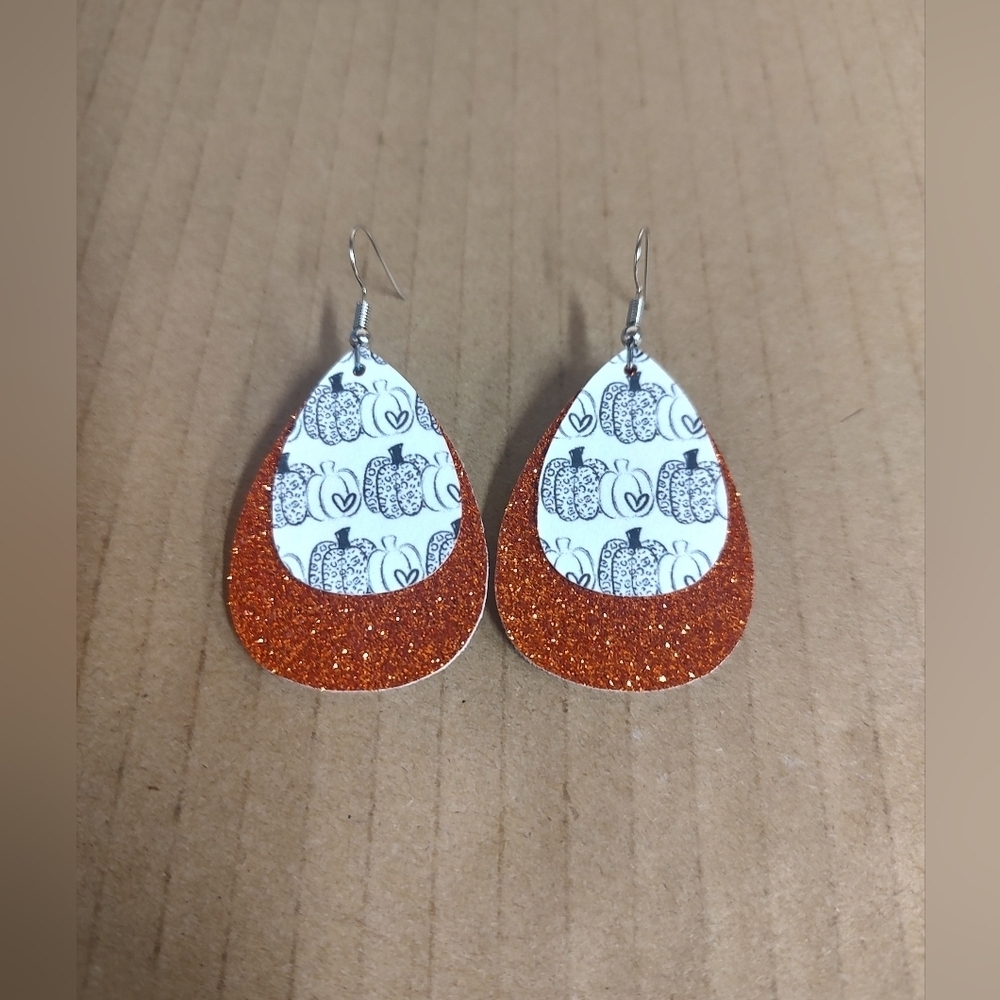 Orange Glitter Teardrop Earrings with Pumpkin Design
